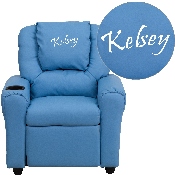 Personalized Light Blue Vinyl Kids Recliner with Cup Holder and Headrest, DG-ULT-KID-LTBLUE-TXTEMB-GG