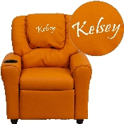 Personalized Orange Vinyl Kids Recliner with Cup Holder and Headrest, DG-ULT-KID-ORANGE-TXTEMB-GG