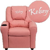 Personalized Pink Vinyl Kids Recliner with Cup Holder and Headrest, DG-ULT-KID-PINK-TXTEMB-GG