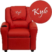 Personalized Red Vinyl Kids Recliner with Cup Holder and Headrest, DG-ULT-KID-RED-TXTEMB-GG