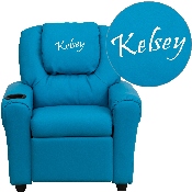 Personalized Turquoise Vinyl Kids Recliner with Cup Holder and Headrest, DG-ULT-KID-TURQ-TXTEMB-GG