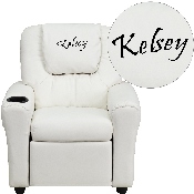 Personalized White Vinyl Kids Recliner with Cup Holder and Headrest, DG-ULT-KID-WHITE-TXTEMB-GG