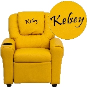 Personalized Yellow Vinyl Kids Recliner with Cup Holder and Headrest, DG-ULT-KID-YEL-TXTEMB-GG