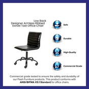 Low Back Designer Armless Black Ribbed Swivel Task Office Chair with Black Frame and Base, DS-512B-BK-BK-GG