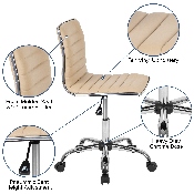 Low Back Designer Armless Tan Ribbed Swivel Task Office Chair, DS-512B-TAN-GG