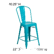 Commercial Grade 24" High Crystal Teal-Blue Metal Indoor-Outdoor Counter Height Stool with Back, ET-3534-24-CB-GG