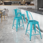 Commercial Grade 24" High Crystal Teal-Blue Metal Indoor-Outdoor Counter Height Stool with Back, ET-3534-24-CB-GG