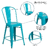 Commercial Grade 24" High Crystal Teal-Blue Metal Indoor-Outdoor Counter Height Stool with Back, ET-3534-24-CB-GG