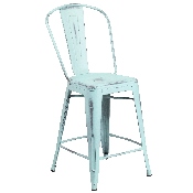 Commercial Grade 24" High Distressed Green-Blue Metal Indoor-Outdoor Counter Height Stool with Back, ET-3534-24-DB-GG