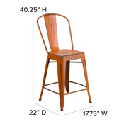 Carly Commercial Grade 24" High Orange Metal Indoor-Outdoor Counter Height Stool with Back with Teak Poly Resin Wood Seat, ET-3534-24-OR-PL1T-GG
