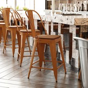 Carly Commercial Grade 24" High Orange Metal Indoor-Outdoor Counter Height Stool with Back with Teak Poly Resin Wood Seat, ET-3534-24-OR-PL1T-GG