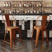 Carly Commercial Grade 24" High Orange Metal Indoor-Outdoor Counter Height Stool with Back with Teak Poly Resin Wood Seat, ET-3534-24-OR-PL1T-GG
