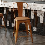 Carly Commercial Grade 24" High Orange Metal Indoor-Outdoor Counter Height Stool with Back with Teak Poly Resin Wood Seat, ET-3534-24-OR-PL1T-GG