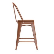 Carly Commercial Grade 24" High Orange Metal Indoor-Outdoor Counter Height Stool with Back with Teak Poly Resin Wood Seat, ET-3534-24-OR-PL1T-GG
