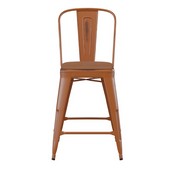 Carly Commercial Grade 24" High Orange Metal Indoor-Outdoor Counter Height Stool with Back with Teak Poly Resin Wood Seat, ET-3534-24-OR-PL1T-GG