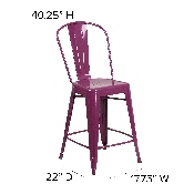 Commercial Grade 24" High Purple Metal Indoor-Outdoor Counter Height Stool with Back, ET-3534-24-PUR-GG