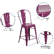 Commercial Grade 24" High Purple Metal Indoor-Outdoor Counter Height Stool with Back, ET-3534-24-PUR-GG