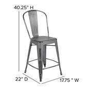 Carly Commercial Grade 24" High Silver Gray Metal Indoor-Outdoor Counter Height Stool with Back with Gray Poly Resin Wood Seat, ET-3534-24-SIL-PL1G-GG