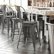 Carly Commercial Grade 24" High Silver Gray Metal Indoor-Outdoor Counter Height Stool with Back with Gray Poly Resin Wood Seat, ET-3534-24-SIL-PL1G-GG