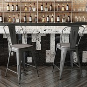 Carly Commercial Grade 24" High Silver Gray Metal Indoor-Outdoor Counter Height Stool with Back with Gray Poly Resin Wood Seat, ET-3534-24-SIL-PL1G-GG