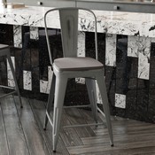 Carly Commercial Grade 24" High Silver Gray Metal Indoor-Outdoor Counter Height Stool with Back with Gray Poly Resin Wood Seat, ET-3534-24-SIL-PL1G-GG