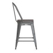 Carly Commercial Grade 24" High Silver Gray Metal Indoor-Outdoor Counter Height Stool with Back with Gray Poly Resin Wood Seat, ET-3534-24-SIL-PL1G-GG