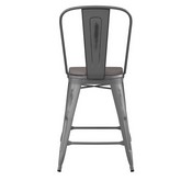 Carly Commercial Grade 24" High Silver Gray Metal Indoor-Outdoor Counter Height Stool with Back with Gray Poly Resin Wood Seat, ET-3534-24-SIL-PL1G-GG