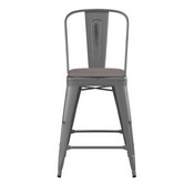 Carly Commercial Grade 24" High Silver Gray Metal Indoor-Outdoor Counter Height Stool with Back with Gray Poly Resin Wood Seat, ET-3534-24-SIL-PL1G-GG