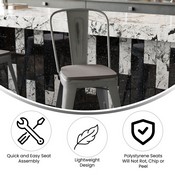 Carly Commercial Grade 24" High Silver Gray Metal Indoor-Outdoor Counter Height Stool with Back with Gray Poly Resin Wood Seat, ET-3534-24-SIL-PL1G-GG