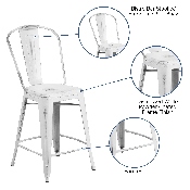 Commercial Grade 24" High Distressed White Metal Indoor-Outdoor Counter Height Stool with Back, ET-3534-24-WH-GG