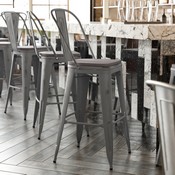 Carly Commercial Grade 30" High Silver Gray Metal Indoor-Outdoor Barstool with Back with Gray Poly Resin Wood Seat, ET-3534-30-SIL-PL1G-GG