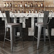 Carly Commercial Grade 30" High Silver Gray Metal Indoor-Outdoor Barstool with Back with Gray Poly Resin Wood Seat, ET-3534-30-SIL-PL1G-GG