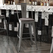 Carly Commercial Grade 30" High Silver Gray Metal Indoor-Outdoor Barstool with Back with Gray Poly Resin Wood Seat, ET-3534-30-SIL-PL1G-GG