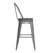 Carly Commercial Grade 30" High Silver Gray Metal Indoor-Outdoor Barstool with Back with Gray Poly Resin Wood Seat, ET-3534-30-SIL-PL1G-GG