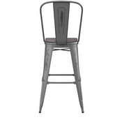 Carly Commercial Grade 30" High Silver Gray Metal Indoor-Outdoor Barstool with Back with Gray Poly Resin Wood Seat, ET-3534-30-SIL-PL1G-GG