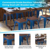 Kai 18" Backless Table Height Stool with Wooden Seat-Stackable Royal Blue Metal Indoor Dining Stool-Commercial Grade-Set of 4, ET-BT3503-18-BL-WD-GG