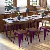 Kai 18" Backless Table Height Stool with Wooden Seat, Stackable Purple Metal Indoor Dining Stool, Commercial Grade - Set of 4, ET-BT3503-18-PR-WD-GG