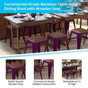 Kai 18" Backless Table Height Stool with Wooden Seat, Stackable Purple Metal Indoor Dining Stool, Commercial Grade - Set of 4, ET-BT3503-18-PR-WD-GG