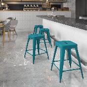 Commercial Grade 24" High Backless Distressed Kelly Blue-Teal Metal Indoor-Outdoor Counter Height Stool, ET-BT3503-24-KB-GG