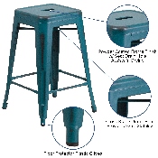 Commercial Grade 24" High Backless Distressed Kelly Blue-Teal Metal Indoor-Outdoor Counter Height Stool, ET-BT3503-24-KB-GG