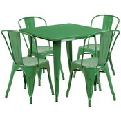 Commercial Grade 31.5" Square Green Metal Indoor-Outdoor Table Set with 4 Stack Chairs, ET-CT002-4-30-GN-GG