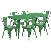 Commercial Grade 31.5" x 63" Rectangular Green Metal Indoor-Outdoor Table Set with 6 Stack Chairs, ET-CT005-6-30-GN-GG