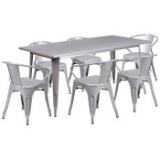 Commercial Grade 31.5" x 63" Rectangular Silver Metal Indoor-Outdoor Table Set with 6 Arm Chairs, ET-CT005-6-70-SIL-GG