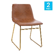 18 inch Dining Table Height Chair, Mid-Back Sled Base Dining Chair in Light Brown LeatherSoft with Gold Frame, Set of 2, ET-ER18345-18-LB-GG