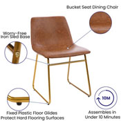 18 inch Dining Table Height Chair, Mid-Back Sled Base Dining Chair in Light Brown LeatherSoft with Gold Frame, Set of 2, ET-ER18345-18-LB-GG
