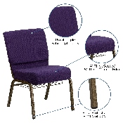 HERCULES Series 21''W Church Chair in Royal Purple Fabric with Cup Book Rack - Gold Vein Frame, FD-CH0221-4-GV-ROY-BAS-GG
