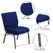 HERCULES Series 21''W Church Chair in Navy Blue Fabric with Cup Book Rack - Silver Vein Frame, FD-CH0221-4-SV-NB24-BAS-GG