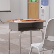 Billie Student Desk with Open Front Metal Book Box - Walnut/Silver, FD-DESK-GY-WAL-GG