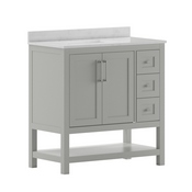 Vega 36 Inch Bathroom Vanity with Sink, Storage Cabinet with Soft Close Doors, Open Shelf and 3 Drawers, Carrara Marble Finish Countertop, Gray/White, FS-VEGA36-KD-GY-GG