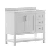 Vega 42 Inch Bathroom Vanity with Sink, Storage Cabinet with Soft Close Doors, Open Shelf and 3 Drawers, Carrara Marble Finish Countertop, White/White, FS-VEGA42-WH-GG